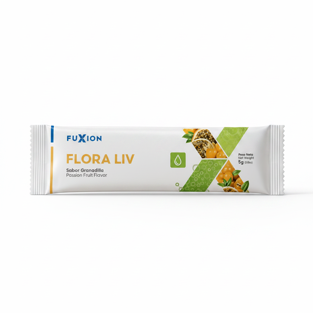 Flora Liv | Bebida Probiótica con 10.000M UFC, Hierro y Zinc — Sticks sabor Granadilla, 28 uds.