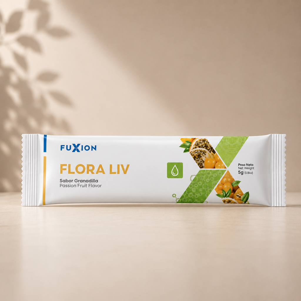 Flora Liv | Bebida Probiótica con 10.000M UFC, Hierro y Zinc — Sticks sabor Granadilla, 28 uds.