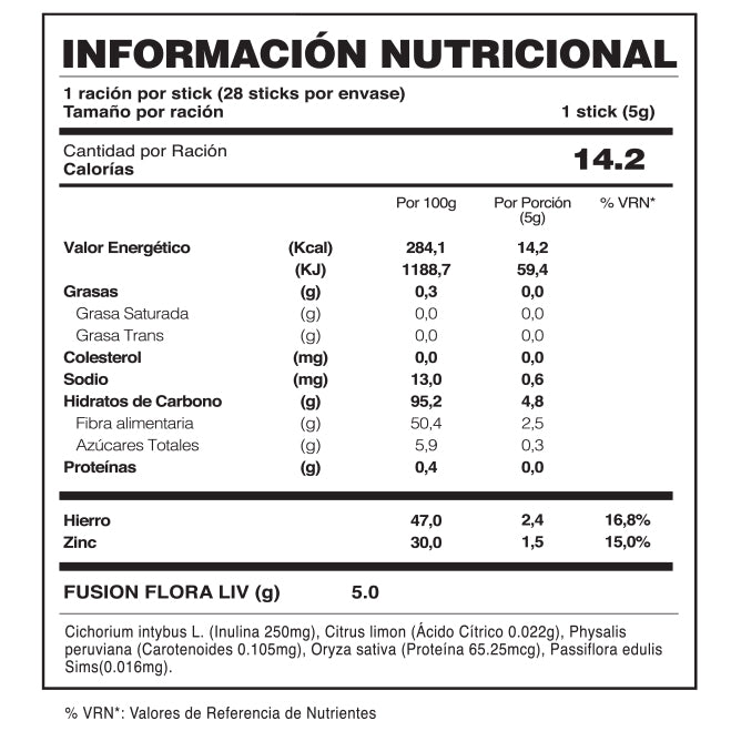 Flora Liv | Bebida Probiótica con 10.000M UFC, Hierro y Zinc — Sticks sabor Granadilla, 28 uds.