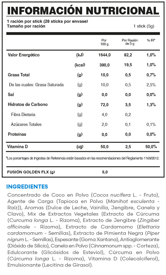 Golden FLX | Bebida Funcional con Cúrcuma, Vitamina D y Especias — Golden Milk en Sticks, 28 uds