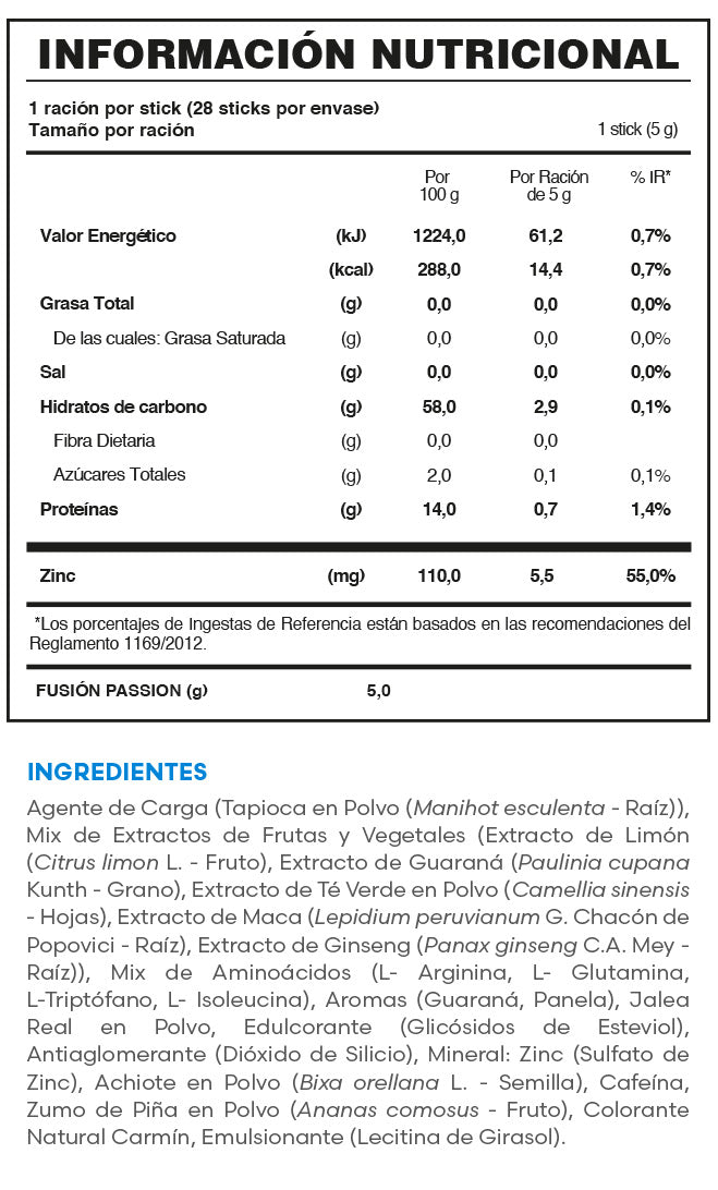 Passion | Bebida Funcional con Maca, Ginseng, Aminoácidos y Zinc — Sticks sabor Guaraná, 28 uds.