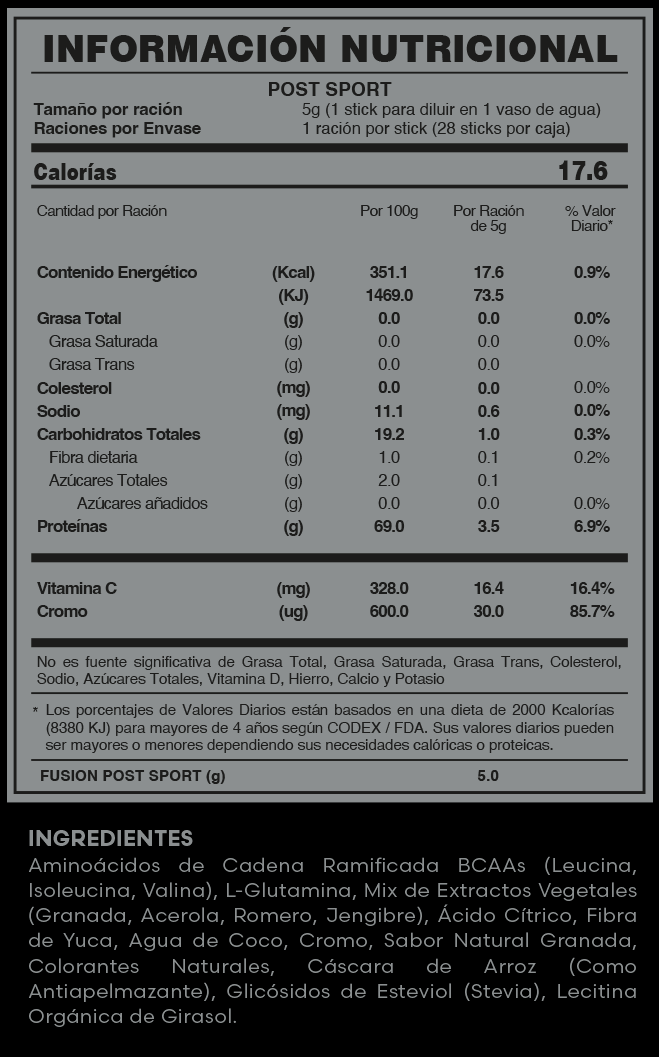 Post Sport | Bebida de Recuperación con Proteína, Aminoácidos y Antioxidantes — Sticks sabor Granada, 28 uds.